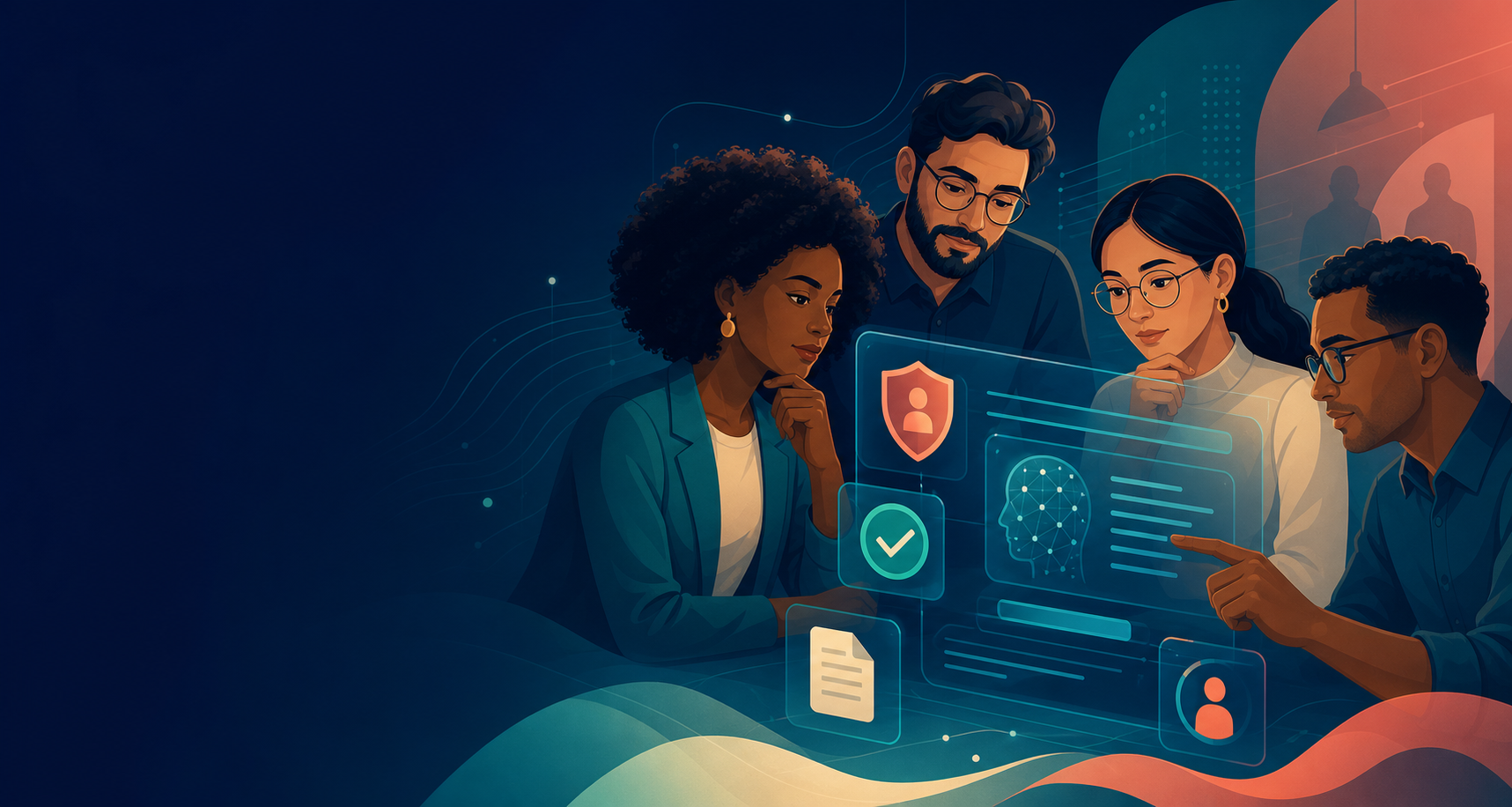Pessoas analisando uma resposta de inteligência artificial com símbolos de privacidade e verificação